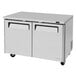 A stainless steel Turbo Air M3 Series undercounter freezer with two doors.