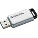 A close-up of a silver and black Verbatim Store 'n' Go Secure Pro USB flash drive.