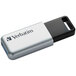 A close-up of a Verbatim Store 'n' Go Secure Pro silver and black USB flash drive.