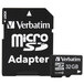 A close up of a black and white Verbatim microSD card with adapter.