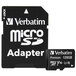 A black and white Verbatim microSDXC memory card with adapter.