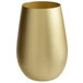 A Stolzle gold stemless wine glass with a white background.
