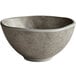 A gray melamine bowl with a white rim and a curved edge.