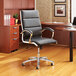 A black leather Alera office chair with chrome wheels.