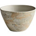An Elite Global Solutions Santiago melamine bowl with a tan and brown stone design and a white rim.
