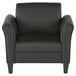 An Alera black leather club chair with wooden legs.