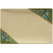 A rectangular beige melamine plate with a green and blue Japanese design.