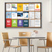 A Quartet enclosed sliding cork bulletin board on a wall with a variety of papers on it.