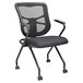 An Alera Elusion Series black mesh office chair with black fabric seat and casters.
