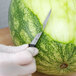 A gloved hand uses a Mercer Culinary Thai fruit carving knife to cut a small watermelon.