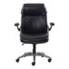 A Serta black leather office chair with wheels and arms on a chrome base.