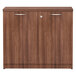 A walnut Alera Valencia storage cabinet with two doors and two drawers with silver handles.