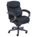 A La-Z-Boy black leather office chair with wooden arms.