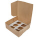 A Kraft cardboard box with a 6 slot cupcake insert.