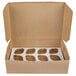 A 14" x 10" x 4" Kraft cupcake box with a white reversible insert with 12 slots inside.