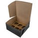 A black Baker's Mark cupcake box with a black and brown reversible insert with six cupcakes inside.