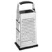 A Choice stainless steel box grater with a black handle.