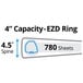 The EZD rings on an Avery Pacific Blue heavy-duty view binder, shown with a measurement of 4" on a white background.