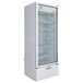 A white Beverage-Air Marketeer refrigerated glass door merchandiser with shelves.