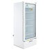 A white Beverage-Air Marketeer Series refrigerated glass door merchandiser with shelves.
