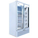 A Beverage-Air white glass door refrigerator with two shelves.