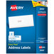 A blue box of white Avery Mailing Address Labels with a white rectangle and blue border.
