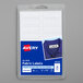 A package of white Avery fabric labels with a close-up of a label on a blue shirt.