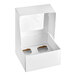 A white cardboard box with a clear window on the lid and an insert featuring four round slots, designed for holding cupcakes or muffins.