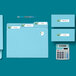 A package of Avery Matte White File Folder Labels with blue file folders and a calculator.