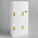 A white rectangular Rubbermaid storage cabinet with yellow accents.
