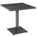 A square solid wood table with a metal base and antique slate gray finish.