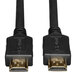 A close-up of a black Tripp Lite HDMI cable plug with gold connections.