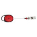 An Advantus carabiner-style retractable ID card reel in red and silver with a long thin line.
