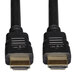 A close-up of a pair of Tripp Lite black HDMI cables with gold plated connectors.