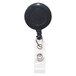 A close-up of a black Advantus swivel-back badge reel with a white clip.