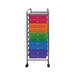 A colorful drawer on a portable storage cart.