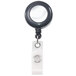 A close-up of a black Advantus deluxe retractable ID reel with a white badge holder strap.
