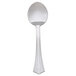 A silver plastic soup spoon with a white handle.