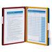 A Durable letter-sized 5 panel magnetic wall reference system with a folder of papers in it with a blue and yellow cover.