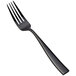A close-up of a Bon Chef Manhattan black stainless steel dinner fork with a white background.