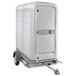 A white PolyJohn portable restroom trailer with two units.