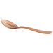A close up of a Bon Chef Matte Rose Gold stainless steel demitasse spoon with a curved handle.