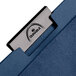 A close up of a navy blue DuraClip report cover with a black logo.