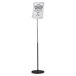 A Durable metal stand with a black pole and a white card with black text in it.