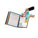 A hand holding a Durable VARIO folder with colorful borders and panels.