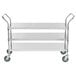 A Regency stainless steel three shelf utility cart with wheels.