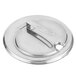 A silver stainless steel Vollrath slotted hinged lid with a handle.