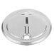 A silver stainless steel slotted round lid with a hole.