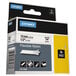 A box of DYMO black on white flexible nylon label tape with text and images.