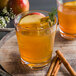A Libbey Tritan plastic double rocks glass filled with apple juice, ice, and cinnamon sticks.